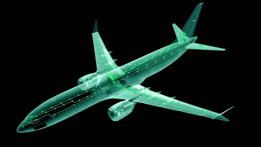Wireframe rendering of a commercial airliner showing internal systems