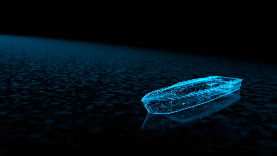 Wireframe rendering of a marine vessel on dark water